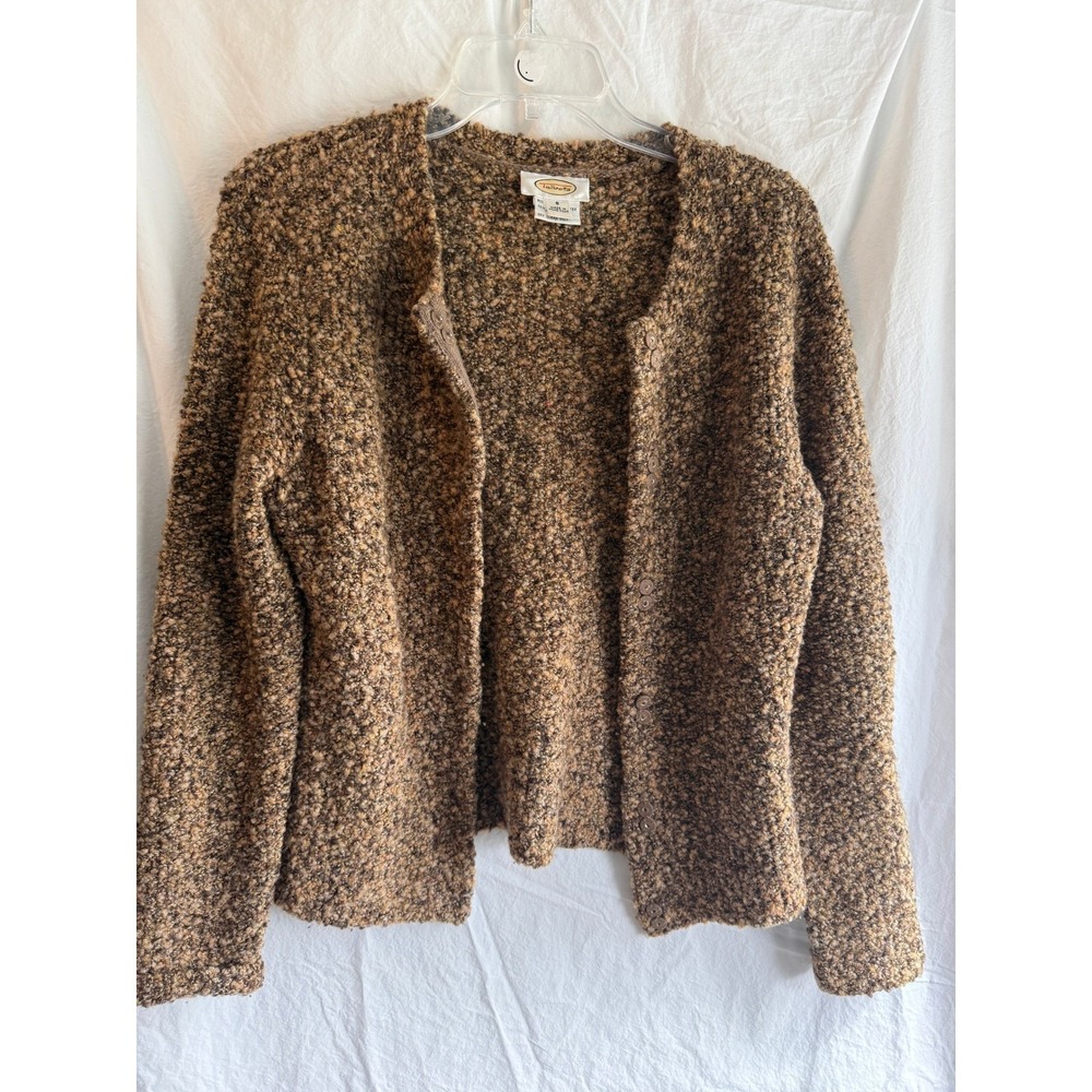 Talbots Cardigan Sweater Brown Tan Marled Snap Front Crew Neck Women Small